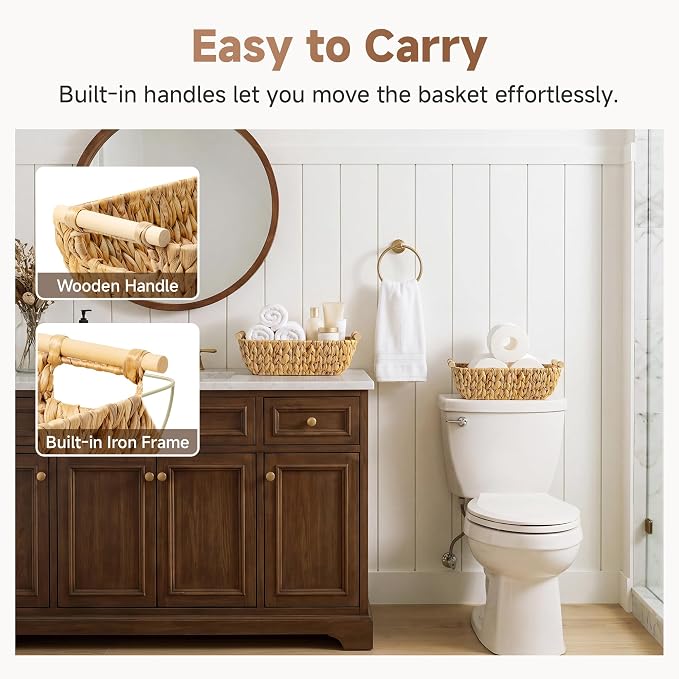 StorageWorks Small Storage Basket, Seagrass Woven Basket for Gifts | Wicker Storage Baskets for Shelves, Baskets with Wooden Handles, 2-Pack Gifts Basket for Home Decor, Hand-Woven Basket