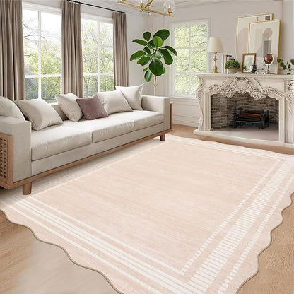 Garvee Scalloped Rug 10x13 Washable Area Rug for Living Room Natural Ivory | Rugs for Living Room, Non-Slip Soft Carpet for Bedroom, Scalloped Low-Pile Solid Rug Accent Rug for Dining Room Home Office