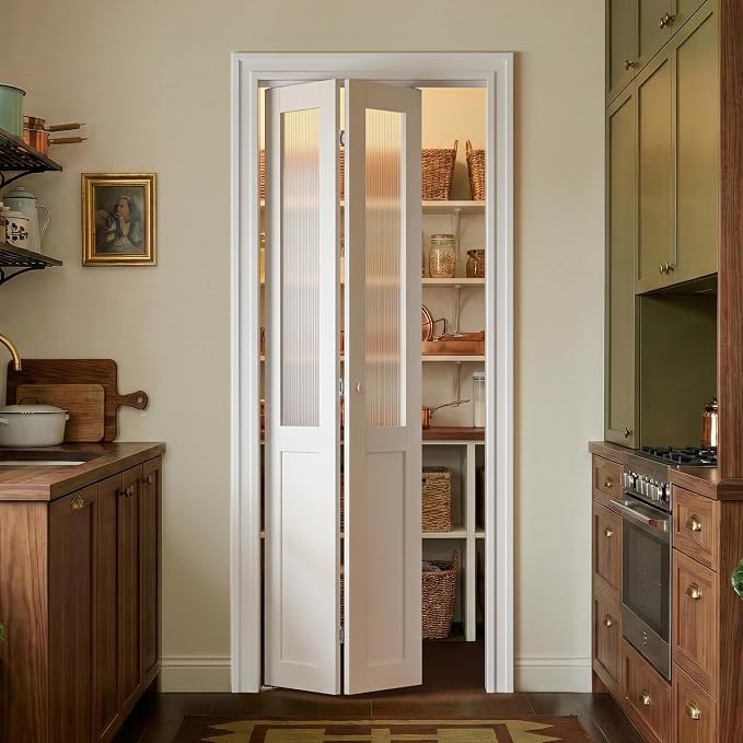 SMARTSTANDARD 30" x 80" Reeded Glass Bifold Closet Doors, Preassembled, MDF | Water-Proof PVC Surface, Half Tempered Glass with Hardware Kit, White Interior Slab for Kitchen, Closet, Pantry, White