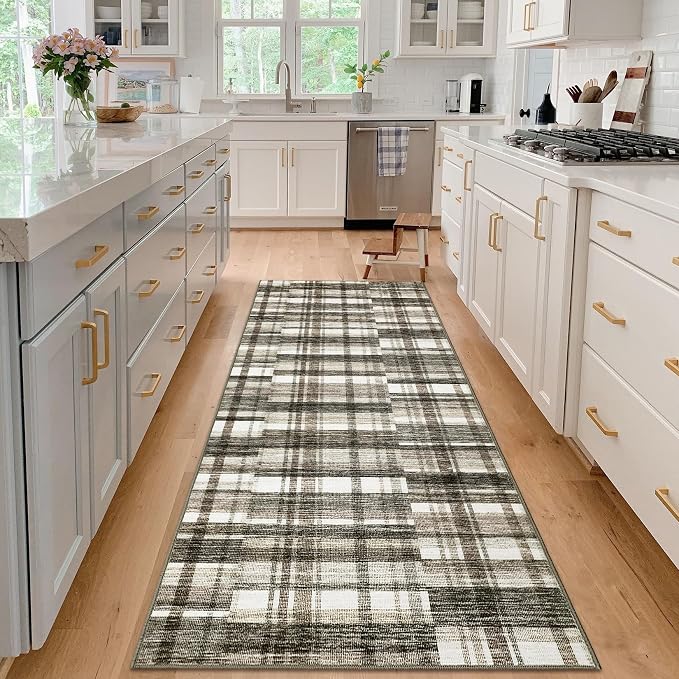 Runner Rugs for Hallway 2x6 Bathroom Rug Washable Area Rug Modern Plaid Low Pile Entryway Rug Small Non Slip Kitchen Rugs Stain Resistant Carpet for Laundry Bedroom Entrance, Beige 2'x6'