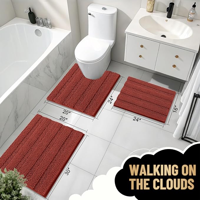OLANLY Bathroom Runner Rugs 44x24, Chenille Bath Rugs, Rustic Terracotta | Rubber Backing, Machine Wash, Extra Absorbent Striped Bath Mats for Bathroom Floor, Tub and Shower, Home Decor Accessories