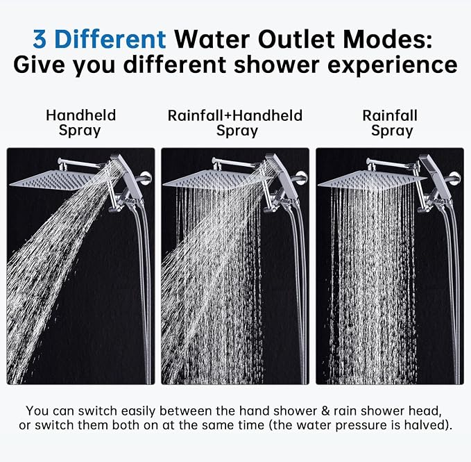 G-Promise All Metal 10 Inches Rainfall Shower Head with Handheld Combo | All Metal, Built to Last, Easy Install, Adjustable Height & Angle for All Heights, Extra Long Hose, Modern Upgrade
