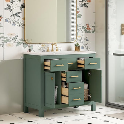 36 Inch Green Bathroon Vanity with Sink,Modern Bathroom Sink Cabinet 36" with 4 Drawers & 2 Cabinets,Integrated Countertop,Gold Handles,Soft Closing,Solid Wood Frame
