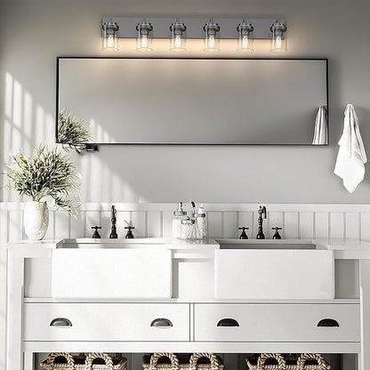 Espird Bathroom Vanity Light, 6 Light Bathroom Light Fixtures Over Mirror, Black Vanity Lights with Clear Glass Shade, Modern Bathroom Light Fixtures for Bedroom, Hallway