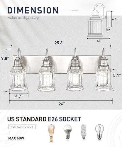 Brushed Nickel Bathroom Light, HWH 4-Light Vanity Lights for Bathroom Vanity Sconce Over Mirror, Wall Mounted Light Fixtures with Bell-Shaped Striped Glass, 5HZG106B-4W BN