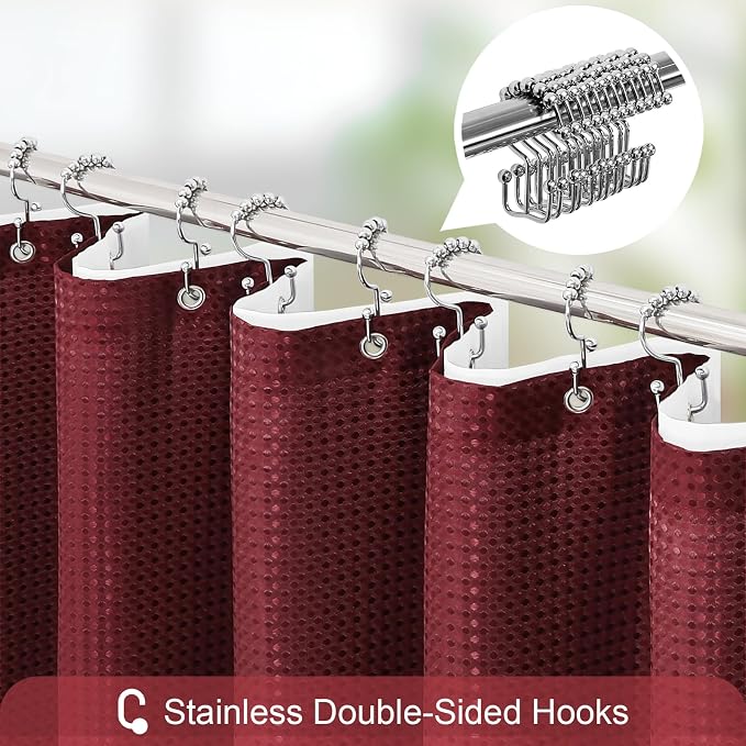 3 in 1 Burgundy Shower Curtain with PEVA Liner, 12 Hooks, 72x72 | Luxury Weighted Fabric Shower Curtain Set, 12 Stainless Steel Double-Sided Hooks, Water Repellent, Bathroom Decor