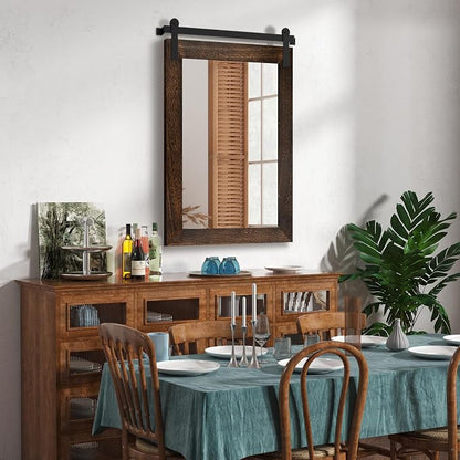 COGOOD Farmhouse Bathroom Mirrors for Over Sink - 38 x 25 Black Brown | Rustic Barn Door Wood Framed Vanity Mirror for Entryway, Living Room, Bedroom, Dresser Wall Decor
