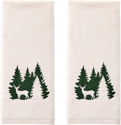 SKL Home Christmas/Winter Deer Spruce Hand Towel Set-2pc, Natural | Soft, embroidered velour. Great for the bathroom, kitchen or bar. Fun for lodge/cabin décor & holiday gifting.