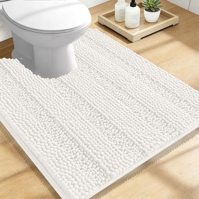 OLANLY Thick Toilet Rugs U-Shaped 24x20, Soft Chenille Bath Mat, Ivory | Extra Absorbent Striped Contour Bathroom Rugs for Toilet, Dry Quickly, Machine Washable, Non-Slip