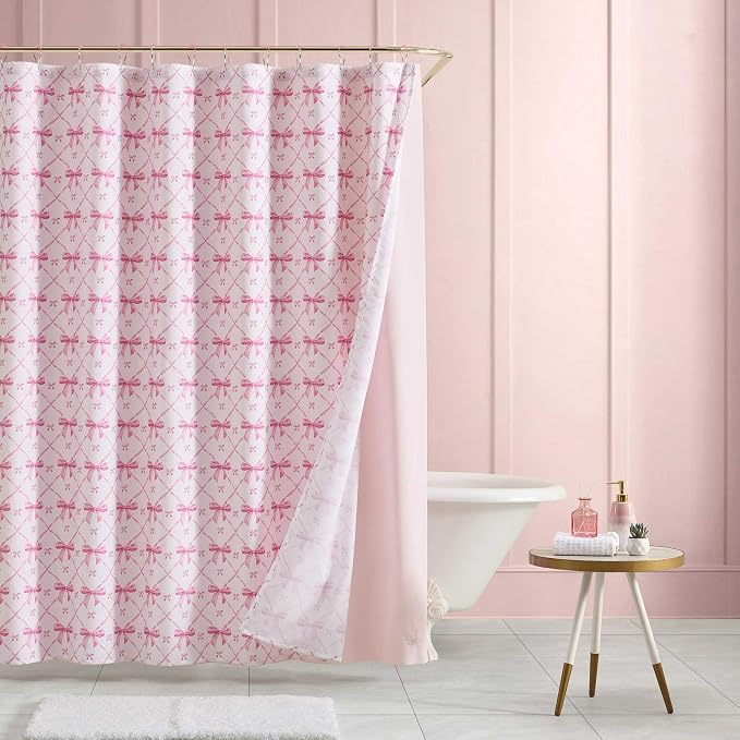 Betsey Johnson - Shower Curtain Set, 72 x 72 Bathroom Curtain with PEVA Shower Liner and 12 Pack Hooks, Soft Textured Polyester Curtain, Festive Bow Trellis Pink