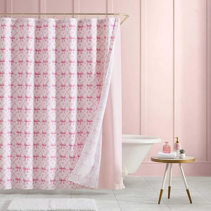 Betsey Johnson - Shower Curtain Set, 72 x 72 Bathroom Curtain with PEVA Shower Liner and 12 Pack Hooks, Soft Textured Polyester Curtain, Festive Bow Trellis Pink
