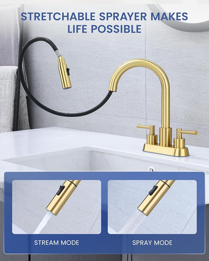 Bathroom Faucet with Pull Out Sprayer, 3 Holes Pull Down Gold Faucet | Stainless Steel Lead-Free, 4 Inch Centerset Vanity Faucet, 2 Handle, 3 Hole Gold Faucet for RV Laundry Restroom