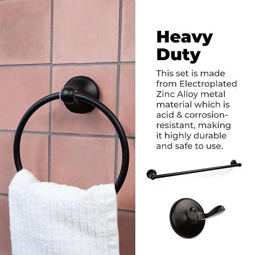 Bathroom Hardware Accessory Set Includes 24’’ Towel Bar, Toilet Paper Holder, Hand Towel bar and Robe Hook - Bathroom Towel Rack Set (5 - Piece Accessories Set, Matte Black)