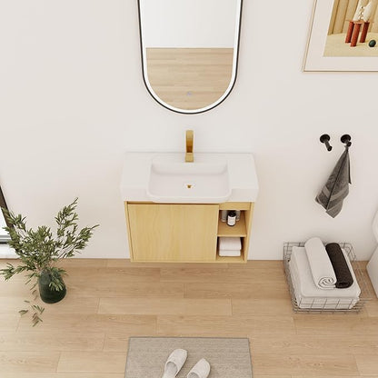 28" Wall-Mounted Bathroom Vanity with Ceramic Sink, 28 inch Floating Single Sink Vanity Cabinet Modern Brown 1-Door Design with Storage Shelf (Space-Saving for Small Bathrooms), Light-Oak
