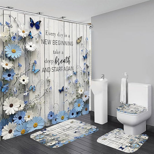 AZHM Blue Daisy Flower Shower Curtain Set 4pcs Rustic Daisy Floral Bathroom Set with Butterfly Accents with Inspirational Quotes Shower Curtain and Rugs