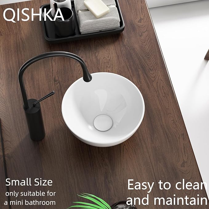 11 Inch Round Bathroom Bowl Sink Above Counter, QISHKA Mini White Ceramic Vanity Vessel Sink - 11" x 11" Small Countertop Circle Art Basin for Space-Saving