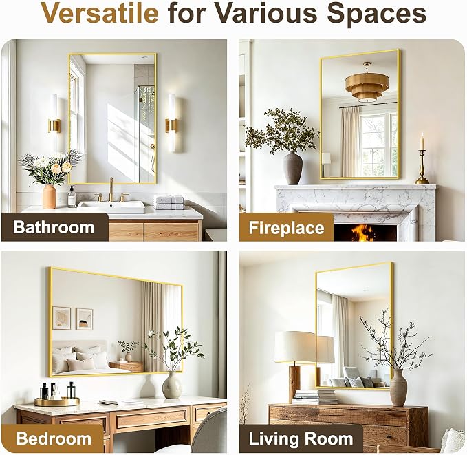 Rectangular Bathroom Mirror, 36"x24" Gold Metal Framed Vanity Mirror | HD Shatterproof Wall Mirror, Horizontal or Vertical Hanging, Easy Installation for Bathroom, Bedroom, Living Room, Entryway