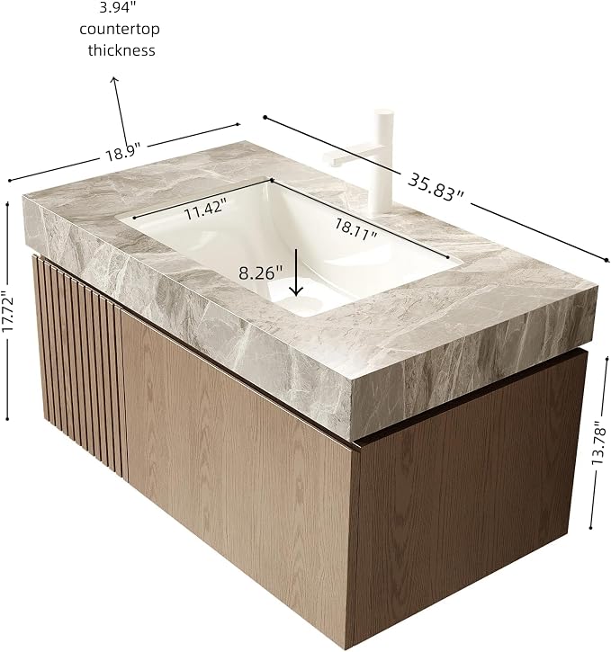 KEIKI 36 Inch Floating Bathroom Vanity with Sink, Light Brown & Grey | Modern Wall Mounted Storage Cabinet w/ Drawer & Door, Pre-assembled Wood Panels, Sintered Stone Top & Ceramic Basin Combo Set