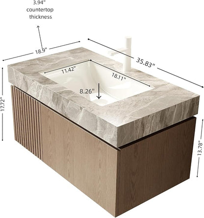KEIKI 36 Inch Floating Bathroom Vanity with Sink, Light Brown & Grey | Modern Wall Mounted Storage Cabinet w/ Drawer & Door, Pre-assembled Wood Panels, Sintered Stone Top & Ceramic Basin Combo Set