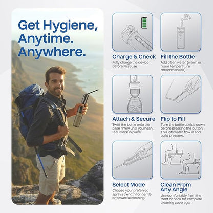 BIDET BUDDY® GoFlow Portable Bidet for Travel - 180mL Bottle with Two Power Modes, Nozzle Wand, IPX6 Waterproof, USB C Charging, 800mAh Rechargeable Battery, Medium Pressure