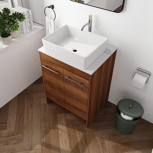 24" Bathroom Vanity, 24 Inch Freestanding Vanity with Ceramic Vessel Sink, Modern Single Sink Bathroom Vanity Combo, Brown Floor Stand Storage Cabinet Set(BRE110, 24 * 18)