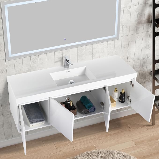 Blossom 60 Inch Floating Bathroom Vanity, Modern Single Sink Vanity with Marine-Grade Plywood, Zero-VOC Glossy White Wall Mounted Cabinet, Pre-Assembled for Easy Plumbing Install