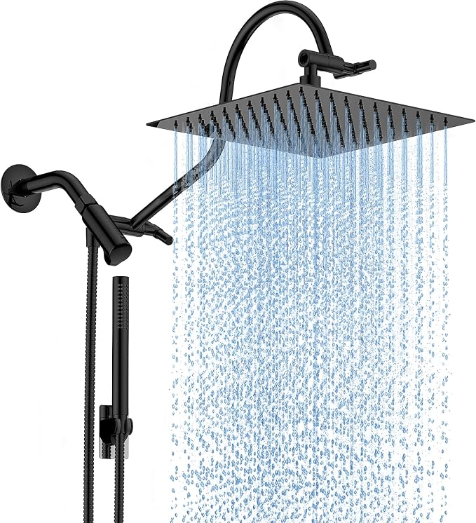 MakeFit All Metal Shower Head Combo with Handheld, 10" Square Rainfall Shower Head with Curved Extension Arm, Adjustable Dual Shower Heads with 71" Extra Long Hose, Matte Black