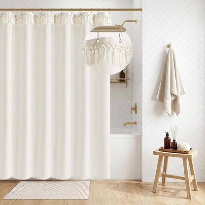 Cream Shower Curtain with Top Tassels Water Repellent 72x96 Inch | Extra Tall, Natural Ivory, Linen Shower Curtains 96 Inch Long, Farmhouse Rustic Country Elegant, Bathroom Cloth Fabric Drapes