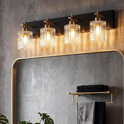ocioc 4-Light Bathroom Lighting Fixtures Over Mirror,29 Inch | Modern Black and Gold Wall Lamp with Clear Crystal Glass Shades, Dimmable E26 Base, for Bedroom Mirror Hallway