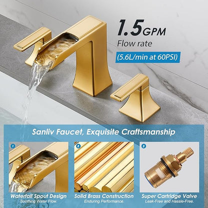 Brushed Gold Waterfall Bathroom Faucet, Sanliv 2-Handle Widespread Bathroom Faucet for 3-Hole Sinks 4-8 inch, Modern Vanity Faucets with Pop Up Drain, Champagne Bronze