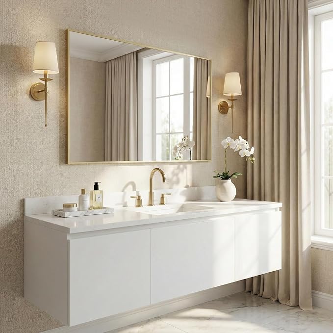48"x30" Satin Gold Large Framed Bathroom Vanity Wall Mirror | Large Vanity Wall Mirror, Slim Metal Frame, Dresser or Sideboard Use, Vertical/Horizontal Mount, Tempered Glass