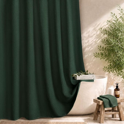 Waffle Weave Shower Curtain Heavyweight Cotton Fabric Dark Green 72Wx72L | Soft Cotton Cloth,3D Square Truely Waffle Washable, Hotel Luxury Spa, Shower Curtain Set for Bathroom 12 Plastic Hooks