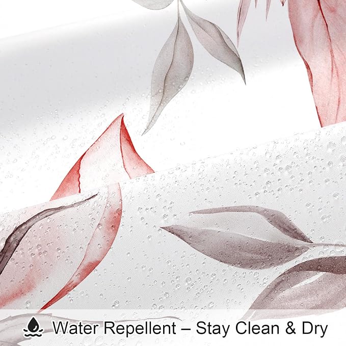 Litabel Red and Grey Boho Watercolor Floral Shower Curtain, Ink Painting Style Blossom & Leaf Shower Curtains for Chic Elegant Bathroom, Artistic Fabric Cloth Flower Shower Curtain, 72x72