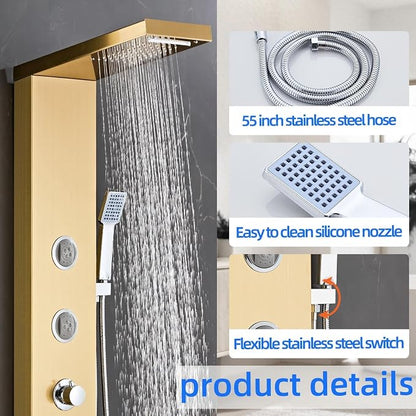 6 in1 Multi-Function Shower Panel Tower System-Brushed Gold | 304 stainless steel Shower Panel Column Tower with Powerful Body Massage, Rainfall, Waterfall,Handheld and Tub Spout