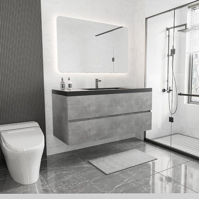 48 Inch Floating Bathroom Vanity with Sink, Modern Grey Wall Mounted Floating Vanity with Scratch-Resistant Quartz Sand Basin and Soft Closing Drawers, Pre Assembled Bathroom Vanity