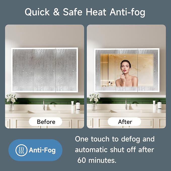 LED Lighted Medicine Cabinet with Mirror, 48x32 Inches, Recessed or Wall Mounted, Anti-Fog, 3 Color Temperature, Adjustable Brightness, Bathroom Storage Cabinet