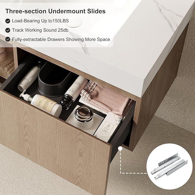Ambrovina 30" Floating Bathroom Vanity with Sink, Plywood Storage Bathroom Vanities with Drawer and Door, Carrara White Sintered Stone Top and Ceramic Basin, Pre-Assembled Cabinet, Light Brown