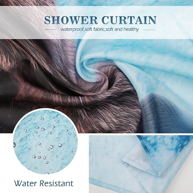 Funny Shark Bear Shower Curtain - Fun Bear Riding Shark in Ocean Wave Cool Shower Curtains Set with 12 Hooks for Adults Wild Bathroom Decor Accessories, 72"x72", Blue Brown