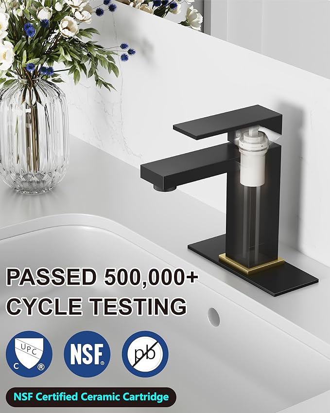 Midanya Bathroom Faucets 1 Hole, Single Handle Stainless Steel Bathroom Sink Faucet, Modern Vanity Faucets with Deck Plate,Water Supply Hoses and Pop Up Drain,Matte Black Handle and Brushed Gold