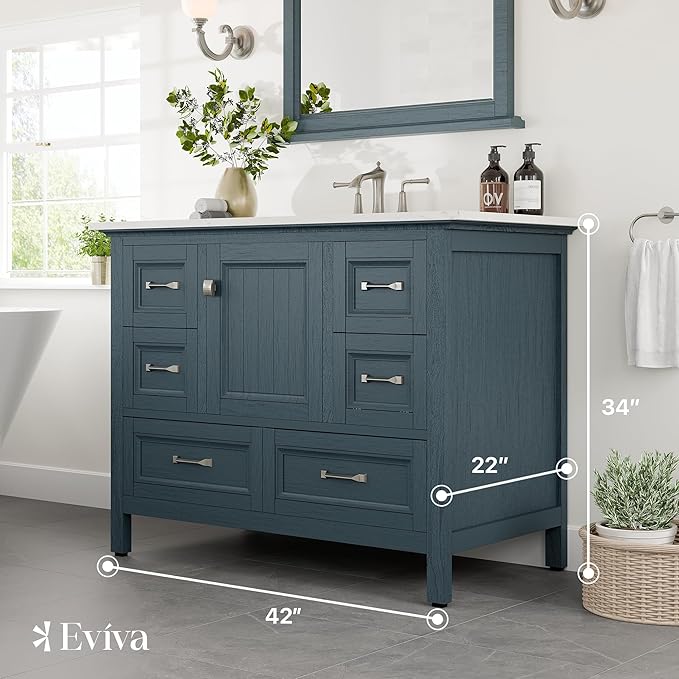 Eviva Britney Ash Blue 42 Inch Bathroom Vanity with Sink - A Fusion of Bathroom Sink Cabinet - White Undermount Porcelain Sinks - Bathroom Vanities for Elegance-Bathroom Sink Vanity