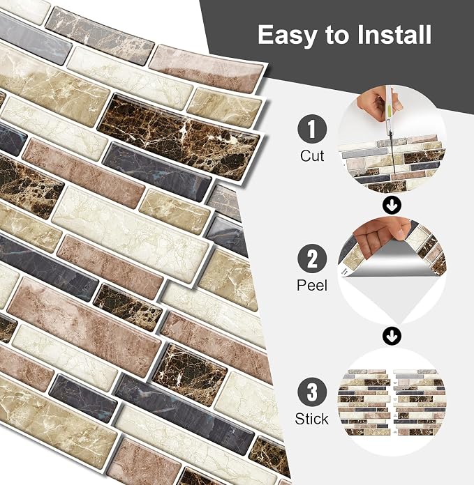 10 Sheets Peel and Stick Backsplash, Peel and Stick Tiles, Marble Look Wall Tiles Backsplash for Kitchen and Bathroom, Livingroom, 12"x12", Brown