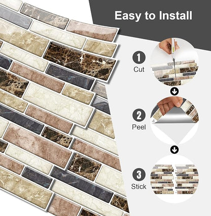 10 Sheets Peel and Stick Backsplash, Peel and Stick Tiles, Marble Look Wall Tiles Backsplash for Kitchen and Bathroom, Livingroom, 12"x12", Brown