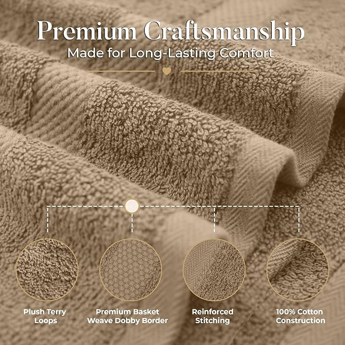 DAN RIVER 600 GSM Cotton Large Bath Towels Set of 4, 27 x 54 Inches, Tan | Larger & Lighter Weight Towels for Bathroom - Highly Absorbent & Quick Dry 100% Cotton Bath Towel Set for Home, Spa & Hotel