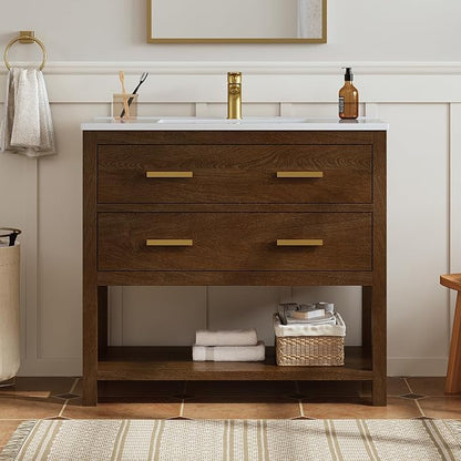 36 Inch Bathroom Vanity with Sink, Farmhouse Storage Cabinet with Drawers & Open Storage Shelf, Assembly Required, Adjustable Feet, Walnut