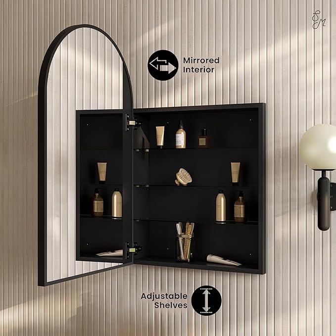 Swiss Madison Porte 20 x 30 Arched Recessed/Wall Mount Medicine Cabinet with Mirror in Black