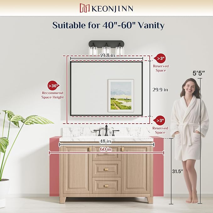 Keonjinn 40 x 30 Inch Black Bathroom Mirrors for Over Sink, Metal Frame | Rectangular Mirrors for Wall, Beveled Framed Design, Rustic Bathroom Vanity Mirror, Safety HD Tempered Glass, Square Corner