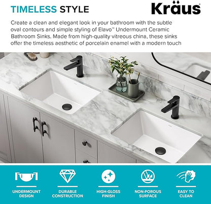 KRAUS Elavo 20.25 in. Rectangular Porcelain Ceramic Undermount Bathroom Sink in White with Overflow Drain, KCU-244
