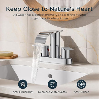 FORIOUS Chrome Bathroom Sink Faucet, Waterfall 4 Inch Centerset Bathroom Faucets with Metal Pop up Drain and cUPC Hose for Basin,Vanity, RV, Pedestal 2 or 3 Hole Sink