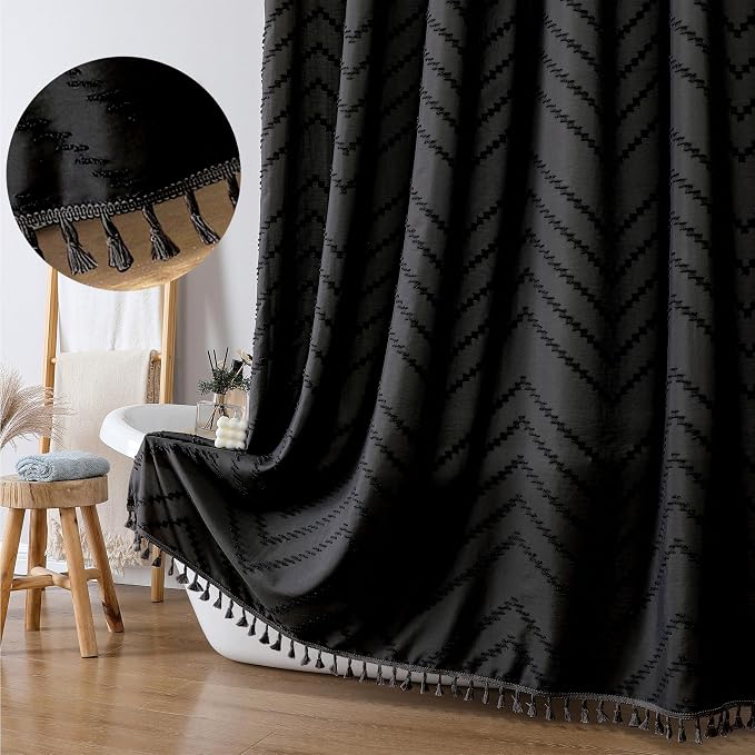 Boho Shower Curtain, Black Fabric Cloth Shower Curtains Farmhouse Tufted Chevron Striped Textured with Tassel for Bathroom, Soft Hotel Style Modern Minimalist, Machine Washable, 72x72, Black