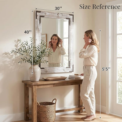 Distressed White 30x40 Inch Wood Bathroom Vanity Mirror, Rivets | Farmhouse style, layered whitewashed grain, larger vanities, dressers, dining areas and entry consoles